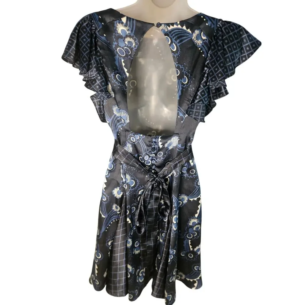 Celia Birdwell Top Shop Blue Floral Dress Vintage Ruffled Open Back Silky Sz 8 - Picture 4 of 13